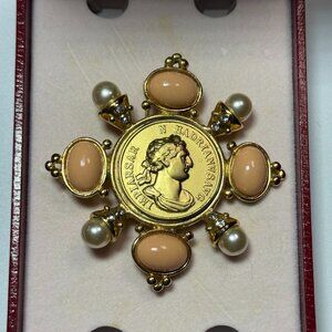 Vogue Bijoux Roman Coin Brooch Gold Coral Pearl Vintage Italy Hadrian Cabochon